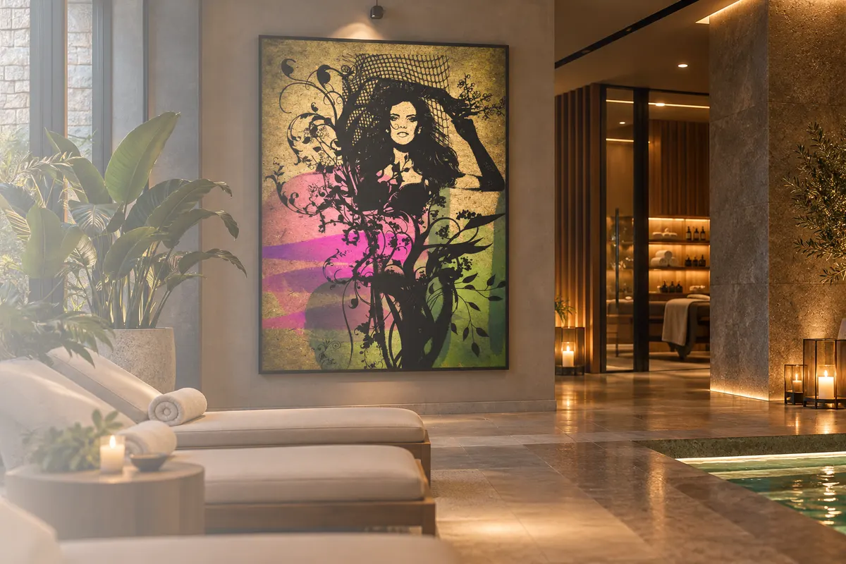 Lucrare portret colorată, de mari dimensiuni, instalată lângă un lounge spa dintr-un hotel.