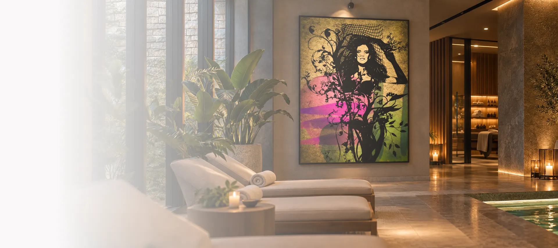 Lucrare portret colorată, de mari dimensiuni, instalată lângă un lounge spa dintr-un hotel.