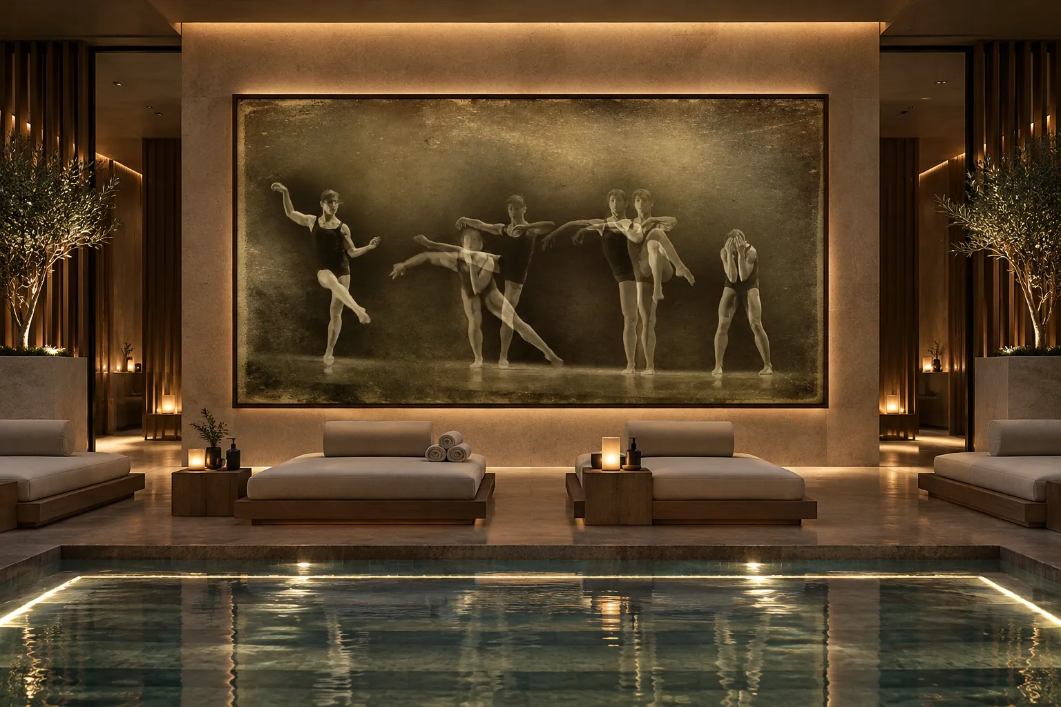 O lucrare monocromă de mari dimensiuni, instalată într-un mediu umed de spa, deasupra unei piscine interioare.