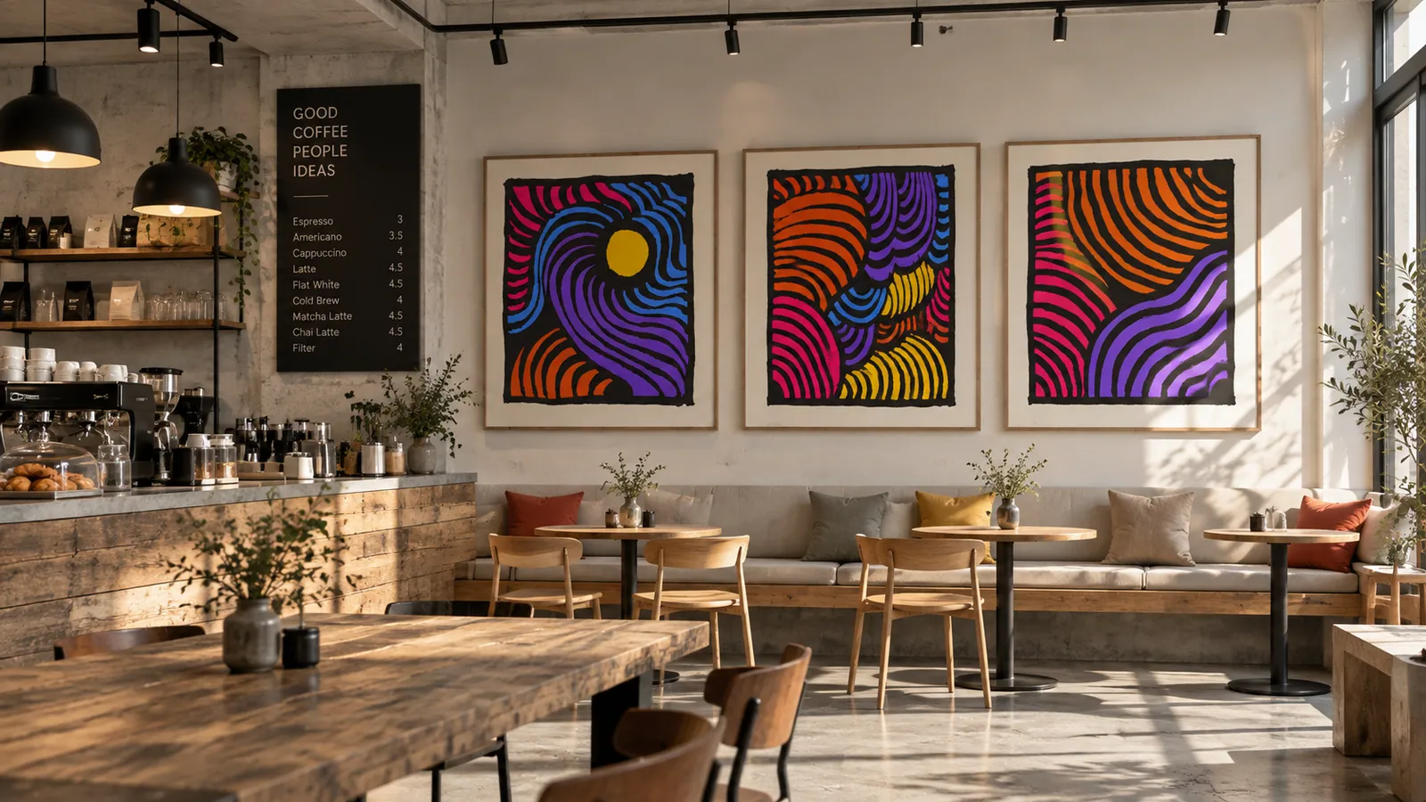 Trei lucrări geometrice înrămate, instalate unitar într-un interior de restaurant dintr-un spațiu de ospitalitate.