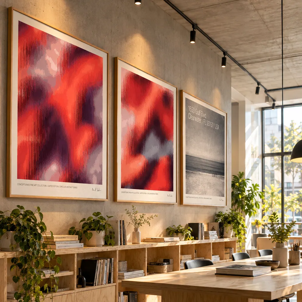 Trei lucrări fotografice de mari dimensiuni, aliniate pe un perete de interior contemporan.