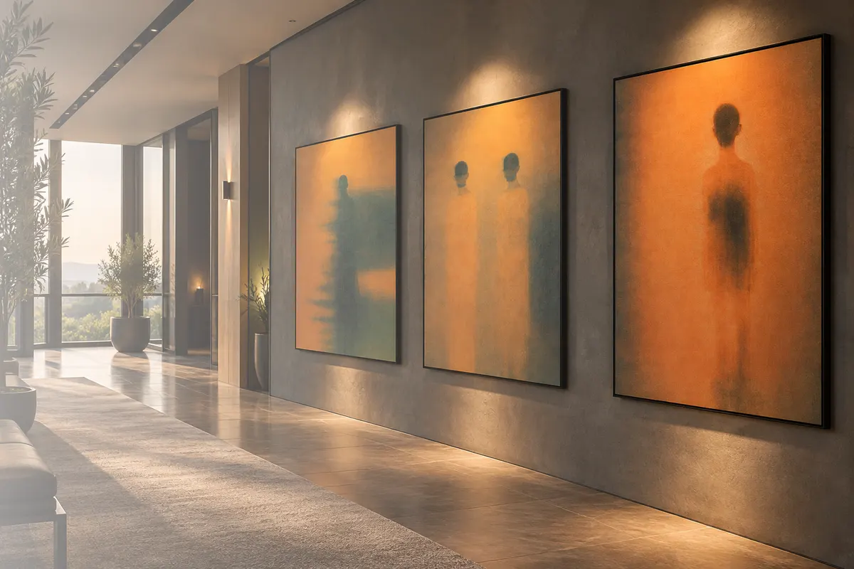 O succesiune de trei lucrări figurative, instalate de-a lungul peretelui unui lobby de hotel.