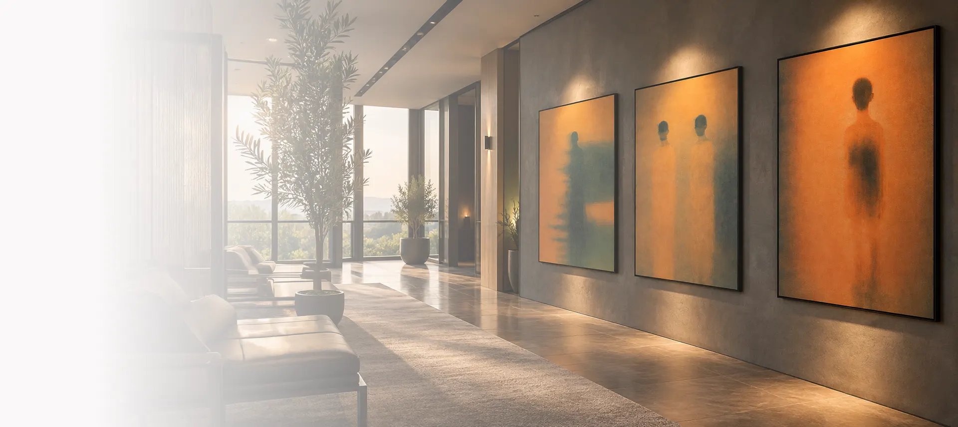 O succesiune de trei lucrări figurative, instalate de-a lungul peretelui unui lobby de hotel.