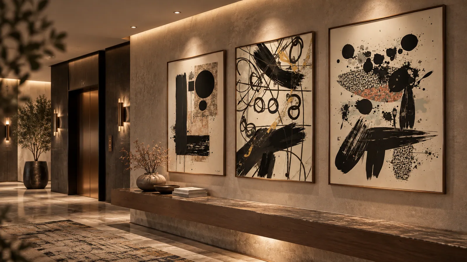 O succesiune de lucrări monocrome, așezate de-a lungul peretelui unui lobby de hotel contemporan.