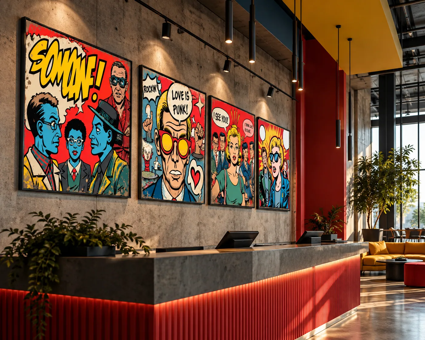 Panouri pop-art colorate, de mari dimensiuni, care creează un perete-vedetă într-un lobby de hotel.