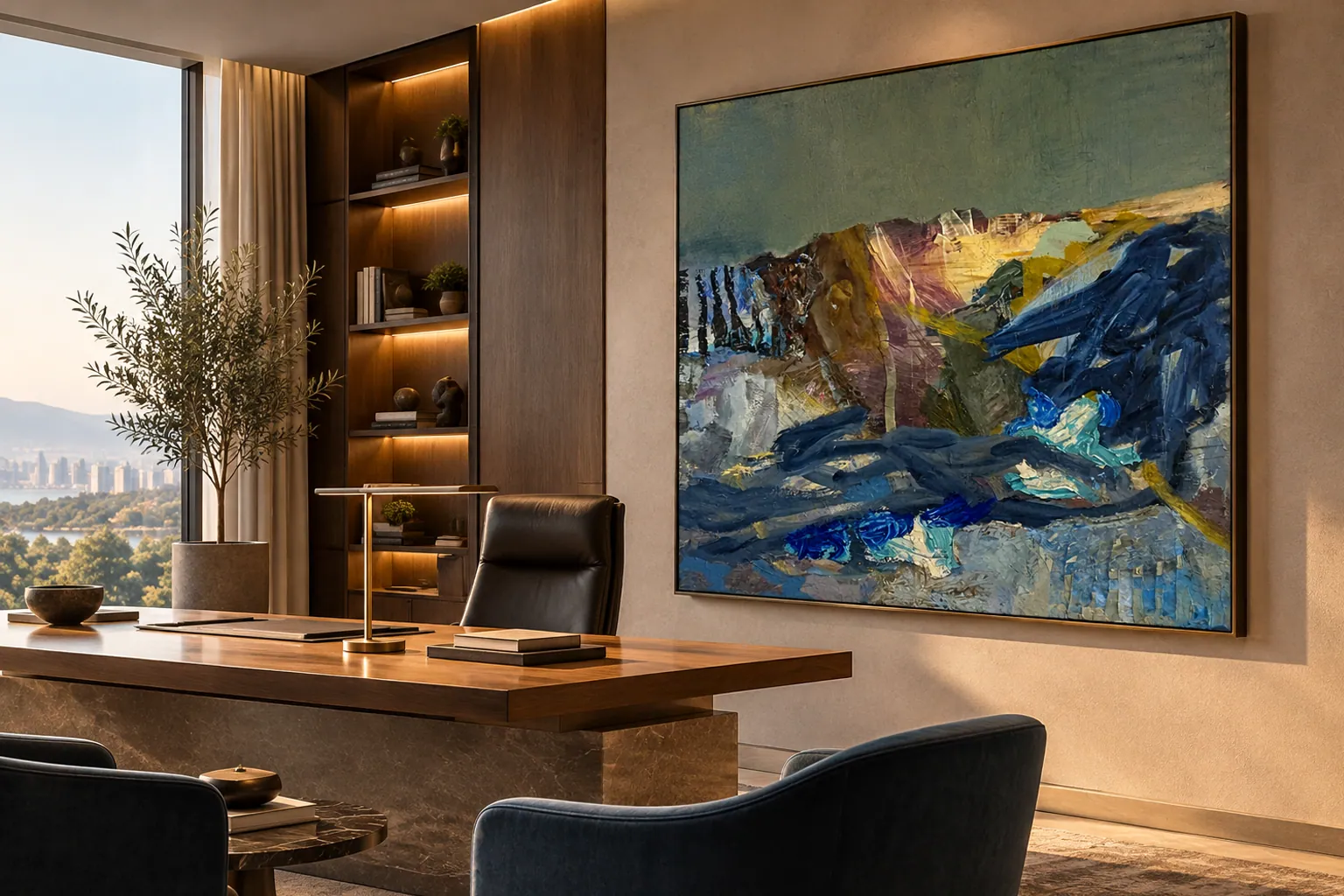 O lucrare expresivă, în albastru și galben, integrată într-un interior contemporan de birou.