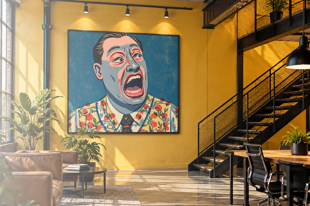 Portret pop-art de mari dimensiuni, integrat într-un proiect contemporan de design interior.