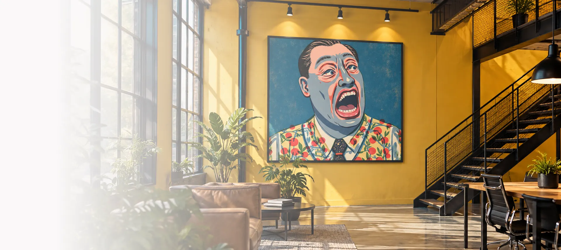 Portret pop-art de mari dimensiuni, integrat într-un proiect contemporan de design interior.