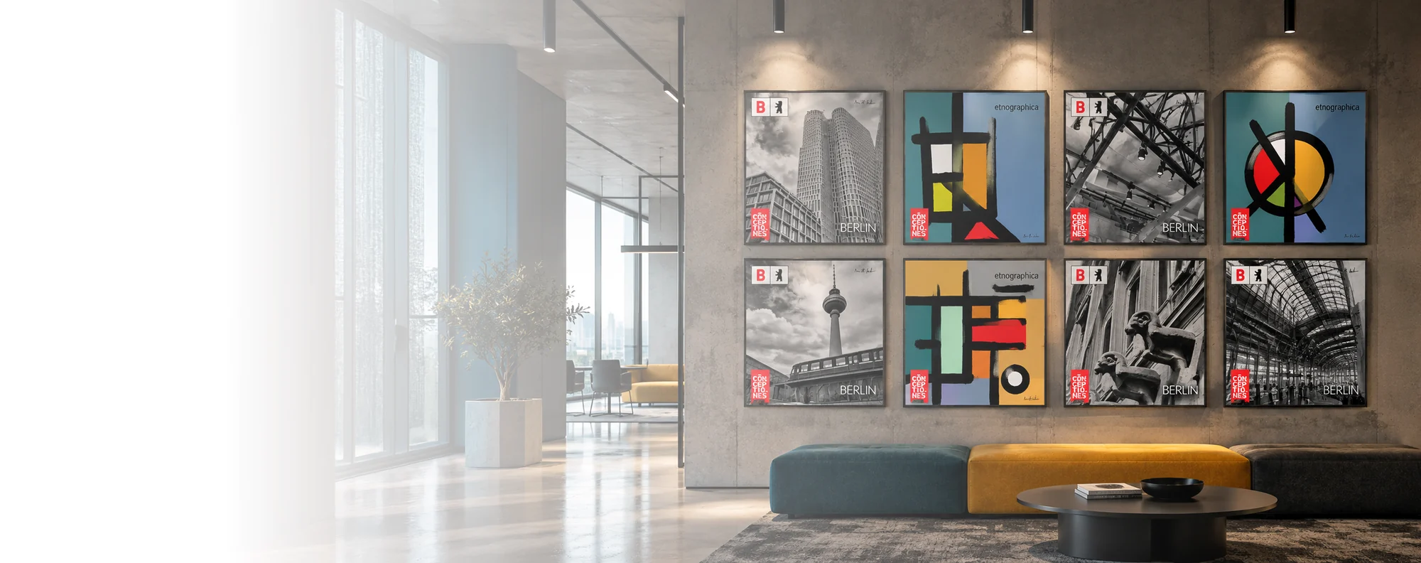 Editorial interior visualisation with a wall of framed photographic and graphic artworks by Dan Andrei