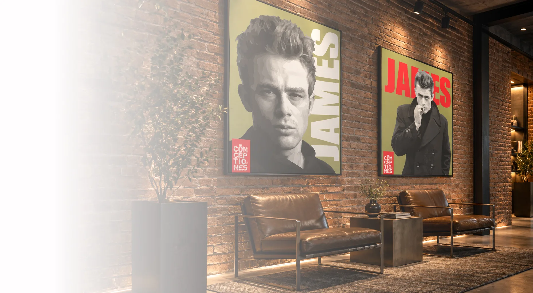 Two James Dean portrait artworks presented in a contemporary brick-walled interior.