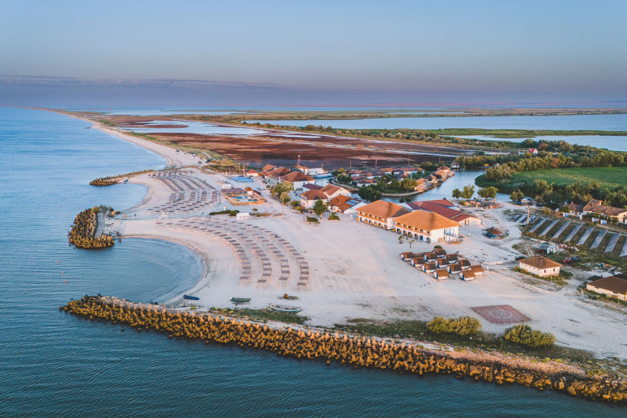 Aerial view of Gura Portitei between the Black Sea, beach and Delta wetlands.